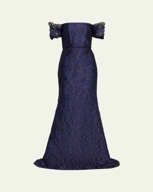 Beaded Off-Shoulder Jacquard Trumpet Gown